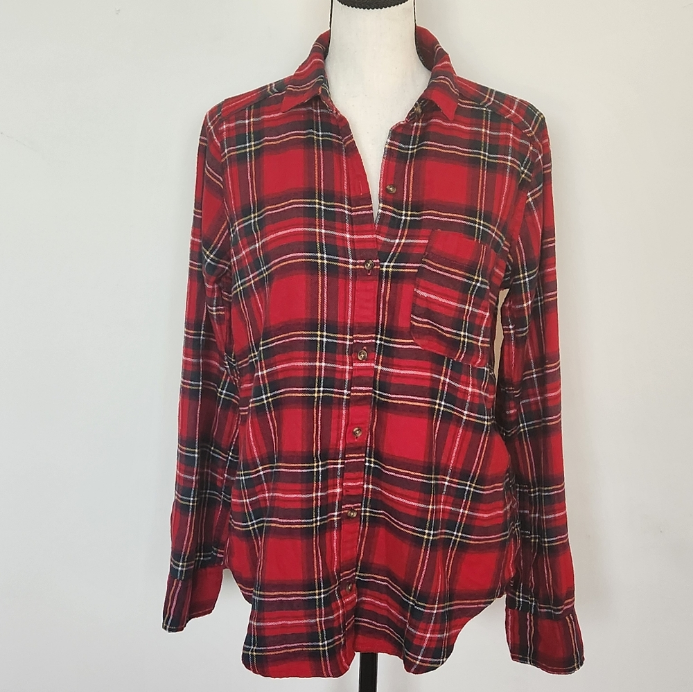 Hollister Boyfriend Fit Button Up Flannel Shirt Womens Size XS Red Plaid cozy - Picture 3 of 13